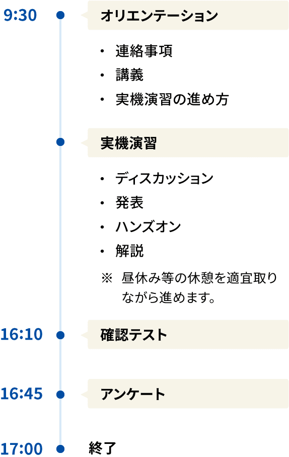 Aコース 9:30 ・オリエンテーション 連絡事項 講義 実機演習の進め方 ・実機演習 ディスカッション 発表 ハンズオン 解説 ※昼休み等の休憩を適宜取りながら進めます。 16:10 確認テスト 16:45 アンケート 17:00 終了 時間はおおよその目安です。開催回によって開始時間や終了時間等が異なる場合がございます。また、終了時間は、当日の進行によって多少前後することがございます。